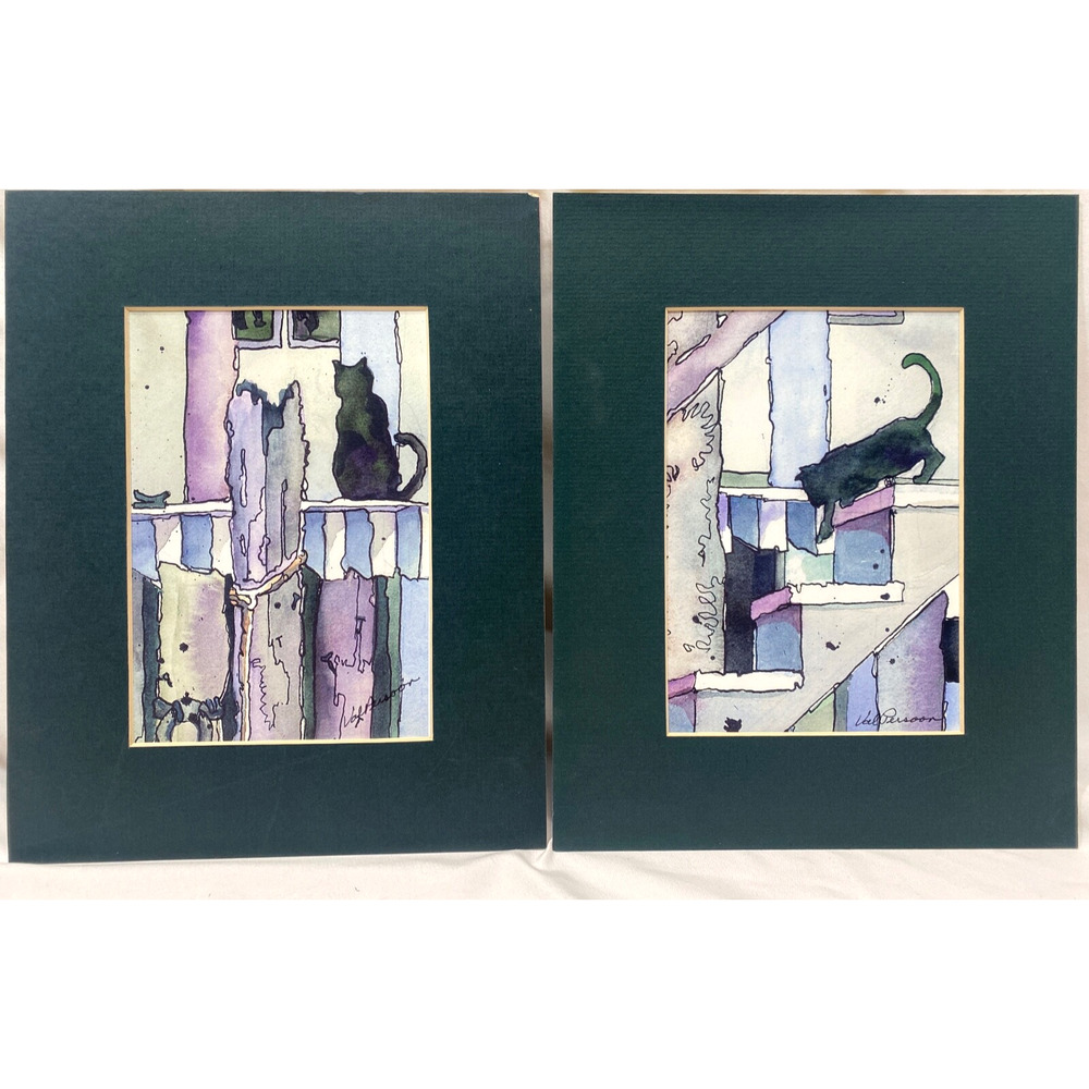 2 signed Val Persoon Cat Prints - Fish for Dinner I & II
